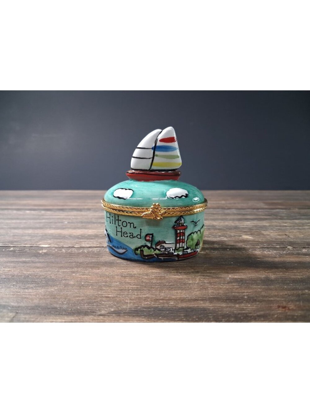 Hilton Head Island Trinket Box Nautical Ceramic Gold Tone SNCO Luke Tuke Design